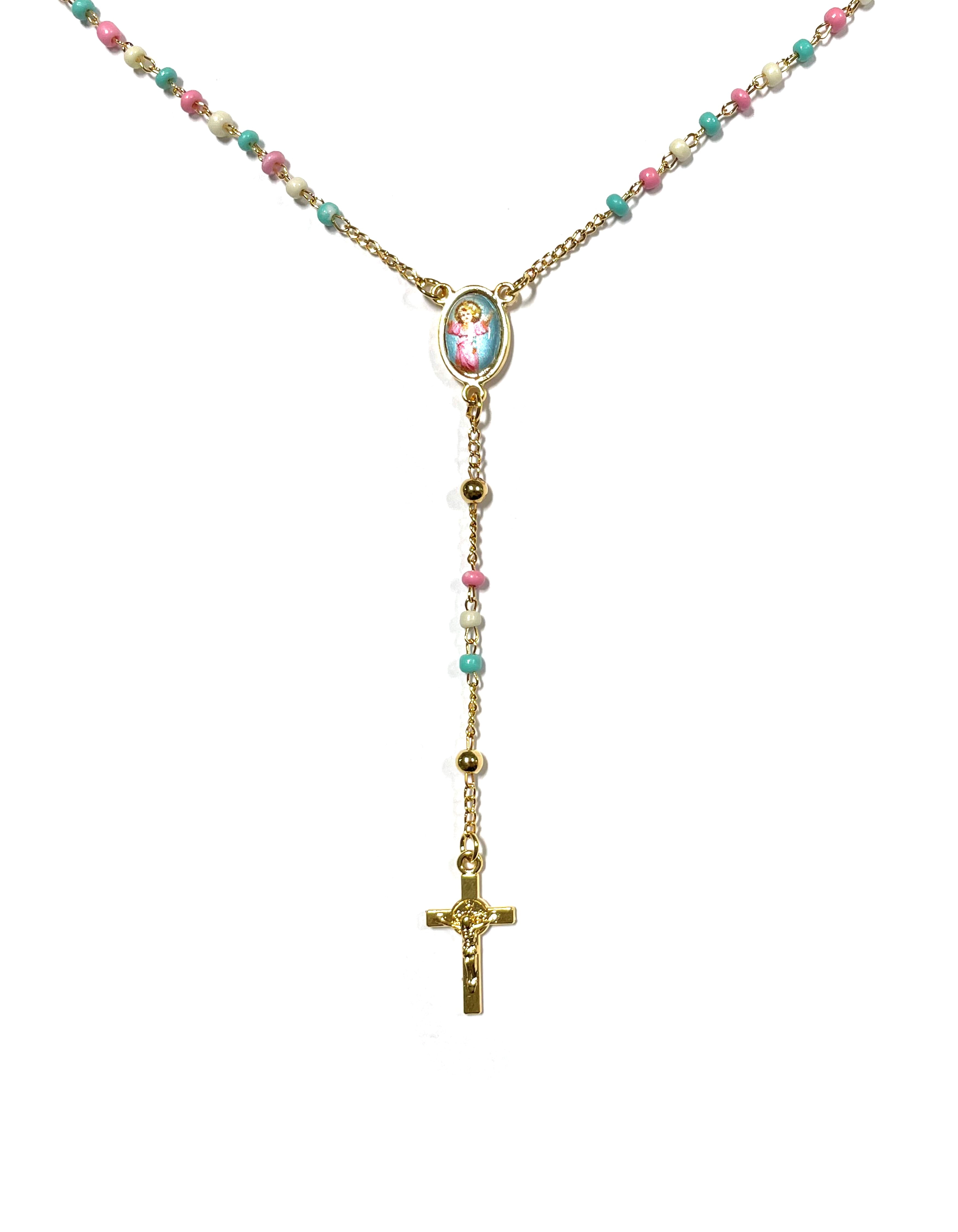 LUCES DE MARIA Golden rosary with chain-style colored beads