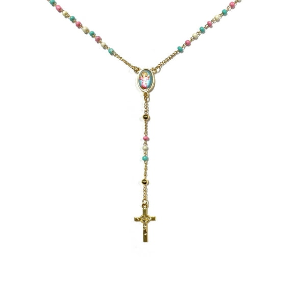 Golden rosary with chain-style colored beads