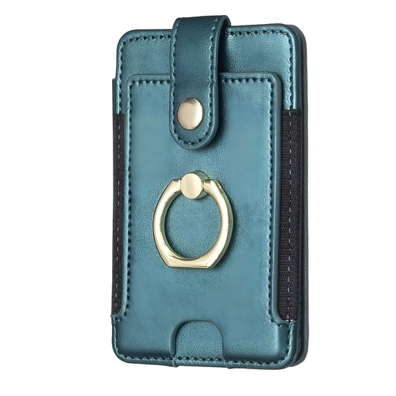 GJX Credit Card Holder for Back of Phone with Ring Stand Stick on Phone, Ultra-Slim Self Adhesive, Magnetic Buckle Flip Stand Leather Wallet for Smartphones, Green
