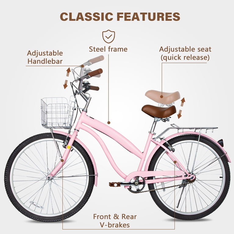 Hykolity 24" Adult Cruiser Bike, Single-Speed Pink photo 5