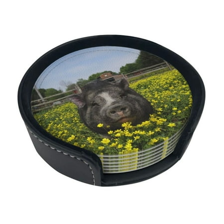 

Drink Coasters With Holder 6pcs Absorbent Home Pu Leather Coaster Cute Black Pig Chrysanthemum Round Cup Mat Protect Furniture From Scratched