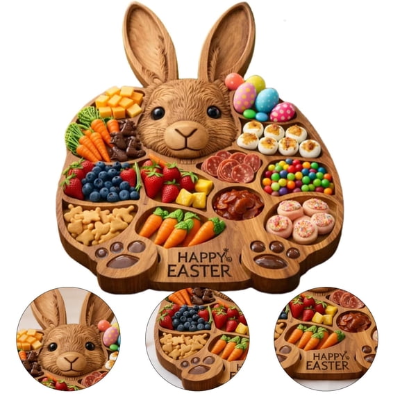 GUIREN Easter Bunny Wooden Cooked Food Tray, Cute Bunny Charcuterie Serving Platter, Easter Party Supplies for Appetizers Snacks Desserts, Indoor Outdoor Wooden Serving Tray