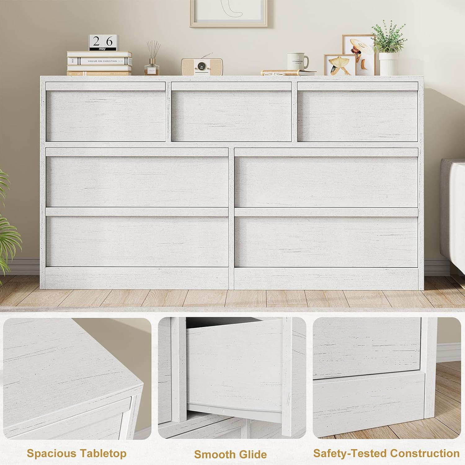 7 Drawer Dresser for Bedroom, Antique White 7 Chest of Drawers with Large Storage Space, Wooden Dresser Organizer for Living Room, Nursery, Entryway