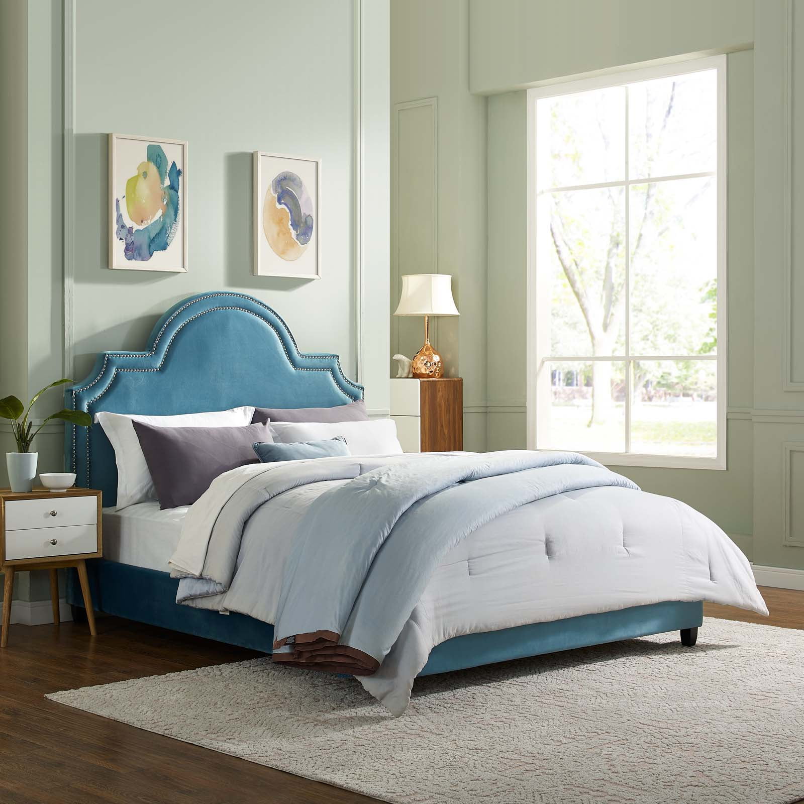 Modern Contemporary Urban Design Bedroom Queen Size Platform Bed Frame, Velvet Fabric, Blue