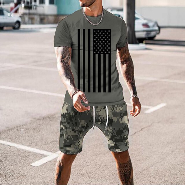 cllios Ensembles pour Hommes du 4 Juillet 2 Pcs Patriotiques T-Shirts Graphiques Rouges, Blancs et Bleus Haut Athlétique à Col Rond et Ensembles de Shorts à Cordon pour Muscles Survêtements