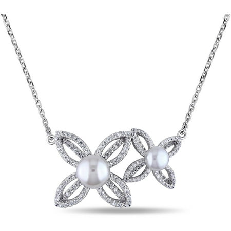 Miabella 6.5-7mm and 8.5-9mm White Button Cultured Freshwater Pearl and 2-2/5 Carat T.G.W. Cubic Zirconia Sterling Silver Flower Necklace, 18