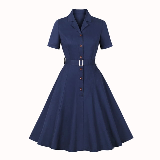Gspmoly Robes Grande Taille pour Femmes aux Formes, Mode Femme Manches Courtes Col en V Col Tailleur Boutonné Vintage Ceinture Robe de Couleur Unie Robes de Cocktail pour Femmes jusqu'à 70 % de Rabais