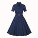 thumbnail image 1 of Puntoco Vestido De Manga Corta Con Cuello En V, Cuello De Traje De Color Liso Con Cintura Retro, Falda Ancha De Un Solo Pecho, Azul Marino S, 1 of 8