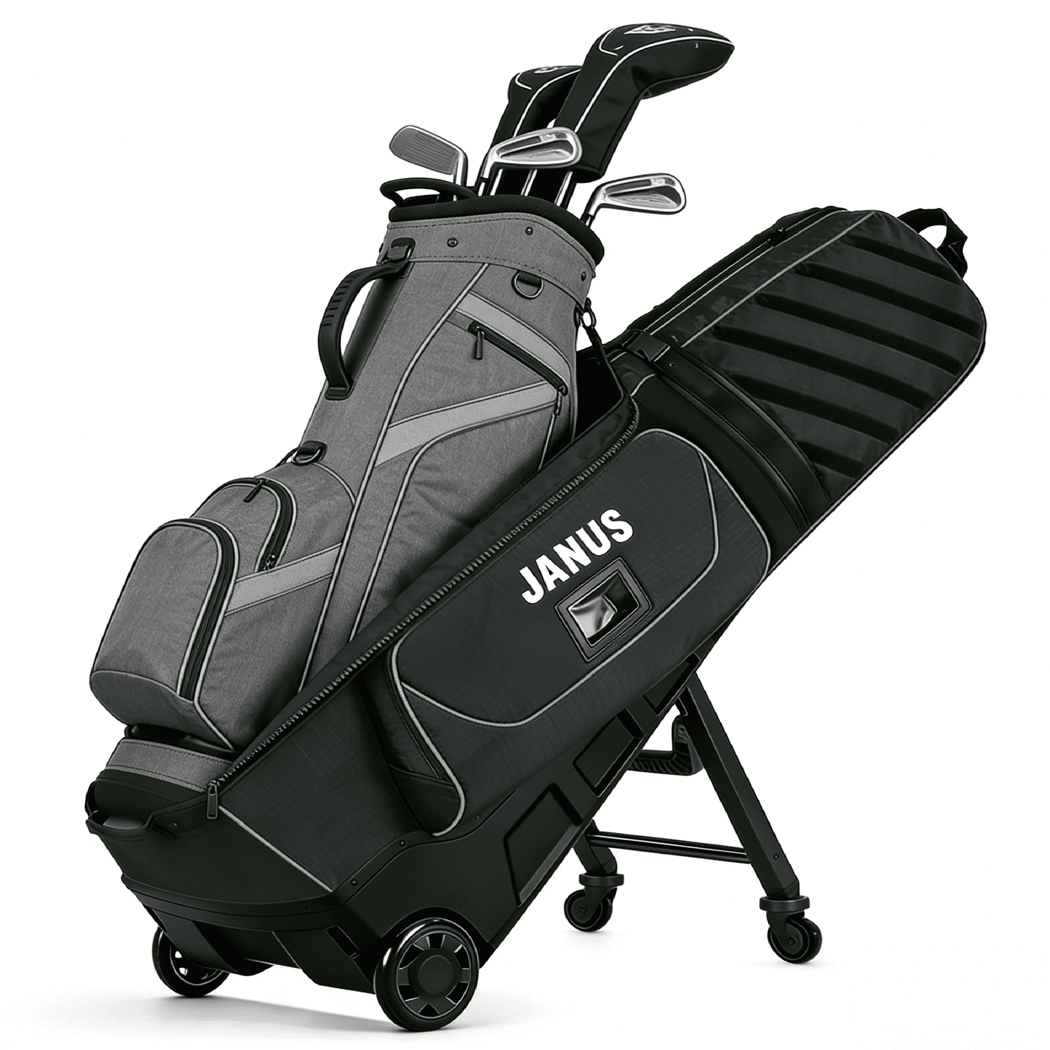 JANUS Golf Travel Bag with Integrated Foldable Support System, 4-Wheel Hands-Free Rolling & 2-Wheel Pull Mode, Reinforced Hard Base, Airline Checked Luggage Compatible