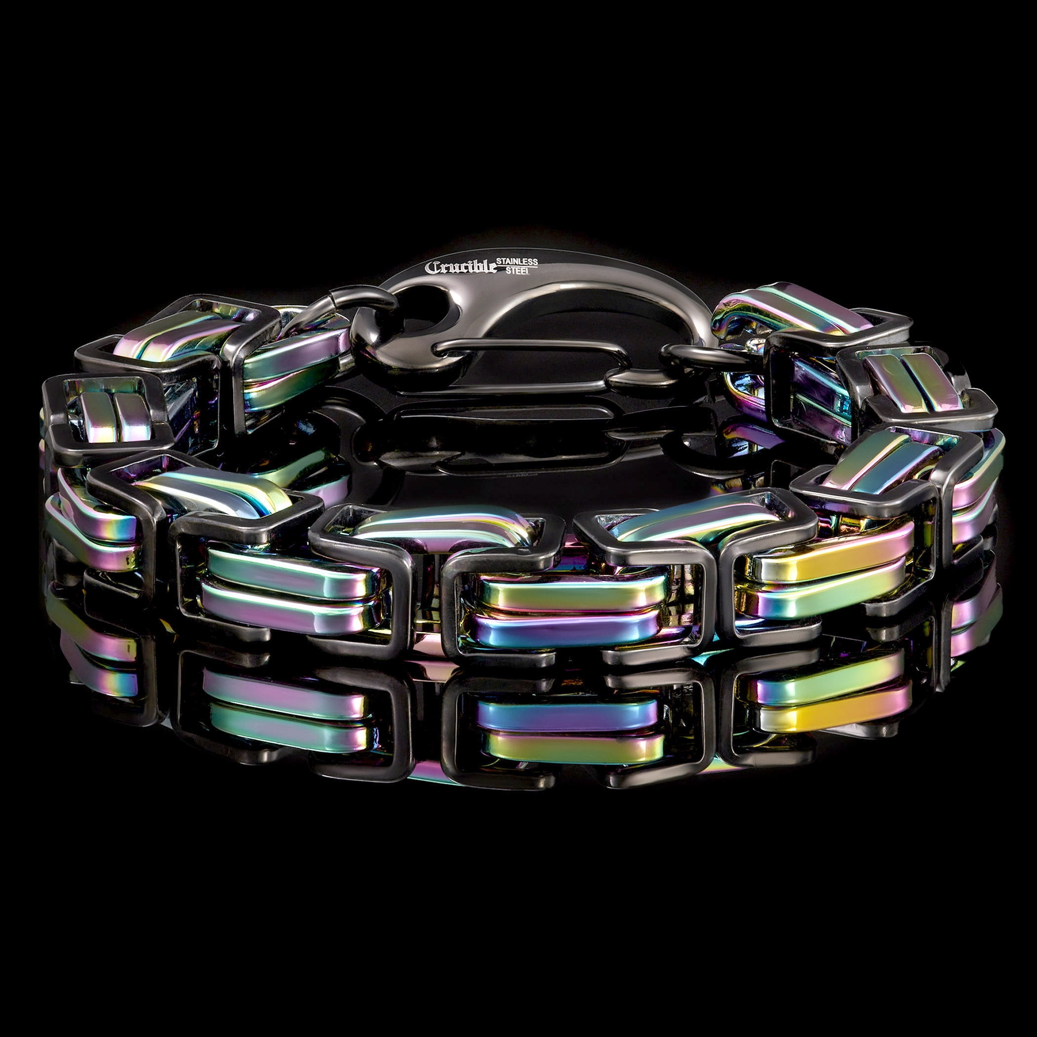 Crucible Jewelry Men's Black and Iridescent Plated Stainless Steel Byzantine Bracelet (11mm) - 9"