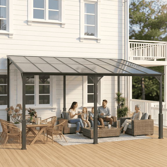 Noelse 10' x 14' Wall-Mounted Gazebo with Sloped Roof, Heavy Duty Steel Frame Patio Shelter for Backyard and Deck, Gray