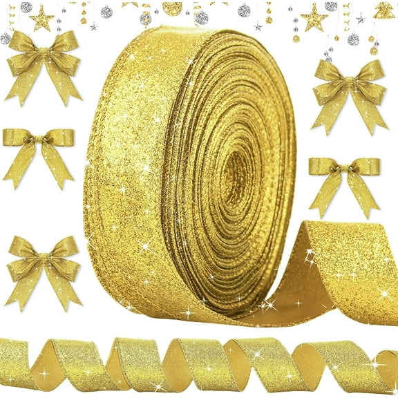 1.6IN Christmas Ribbon,Christmas Gold Metallic Edge Ribbon,20 Yards Fashion Glitter Gold Gift Wrapping Ribbon for Wreath,Craft Bow,Gift Wrapping,Christmas Decor