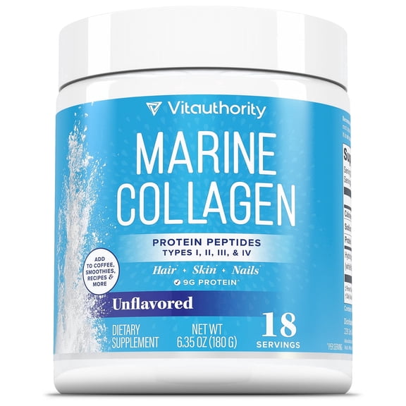 Vitauthority Marine Collagen Peptides Powder Supplement | Hydrolyzed Fish Collagen Peptides | Unflavored 18 Servings