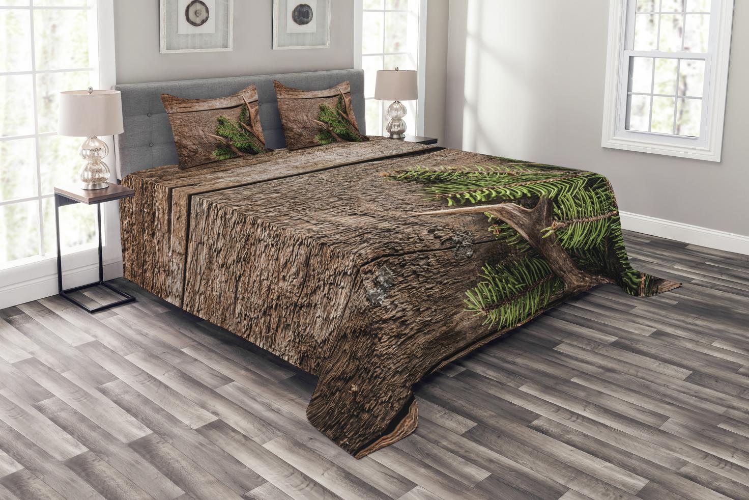 Antlers Bedspread Set King Size, Evergreen Branch with Deer Antler
