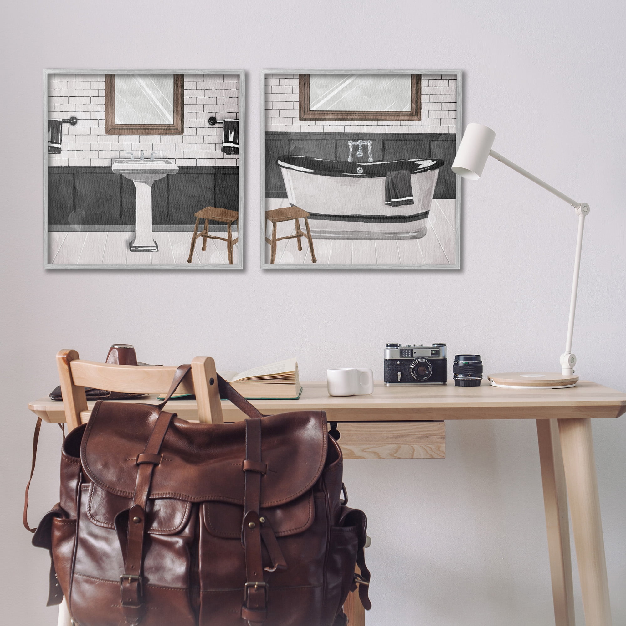 Stupell Industries Modern Country Bathroom Interior Abstract Painting Gray Framed Art Print Wall Art, 24 x 24, Set of 2