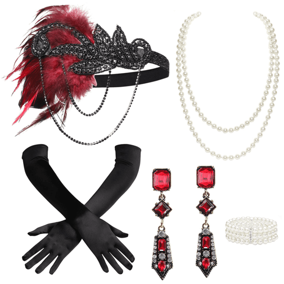 1920s Accessories for Women - Flapper Feather Headband Headpiece for Women 20s Pearl Bracelet Necklace Gloves