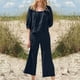 thumbnail image 1 of Puntoco Conjunto de traje de pantalón largo casual con cuello de manga tres cuartos de color sólido para mujer Puntoco Puntoco-2159, 1 of 5