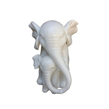 - White Porcelain Mother and Baby Elephant Statue/figurine in High Gloss Finish.