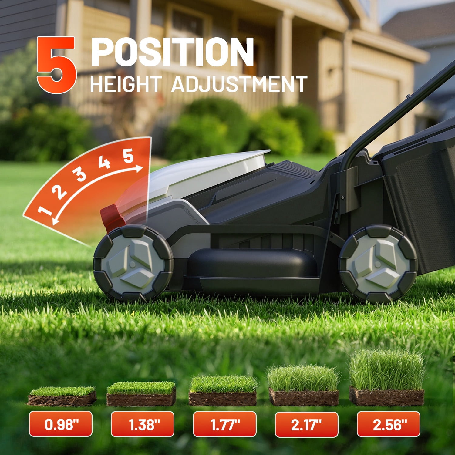 Litheli 20V Cordless Electric Lawn Mower, 14-Inch, Brushless Motor, 5-Position Height Adjustment, with 5.0Ah Battery, for Lawns & Gardens