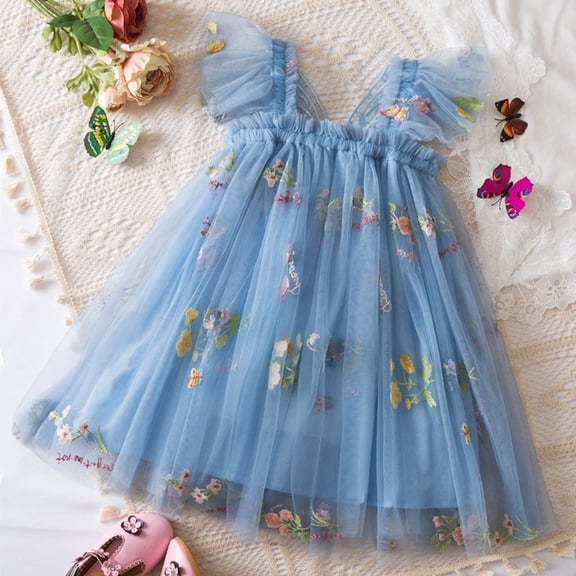 Girls Dress Sleeveless Embroidered Flowers with Wing Tie Dresses for Girls Blue 2-3 Years