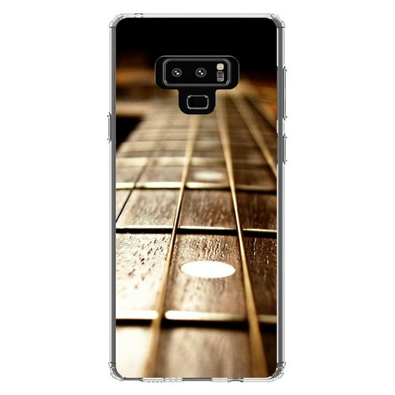 DistinctInk Clear Shockproof Hybrid Case for Samsung Galaxy Note 9 - TPU Bumper, Acrylic Back, Tempered Glass Screen Protector - Guitar Strings Neck