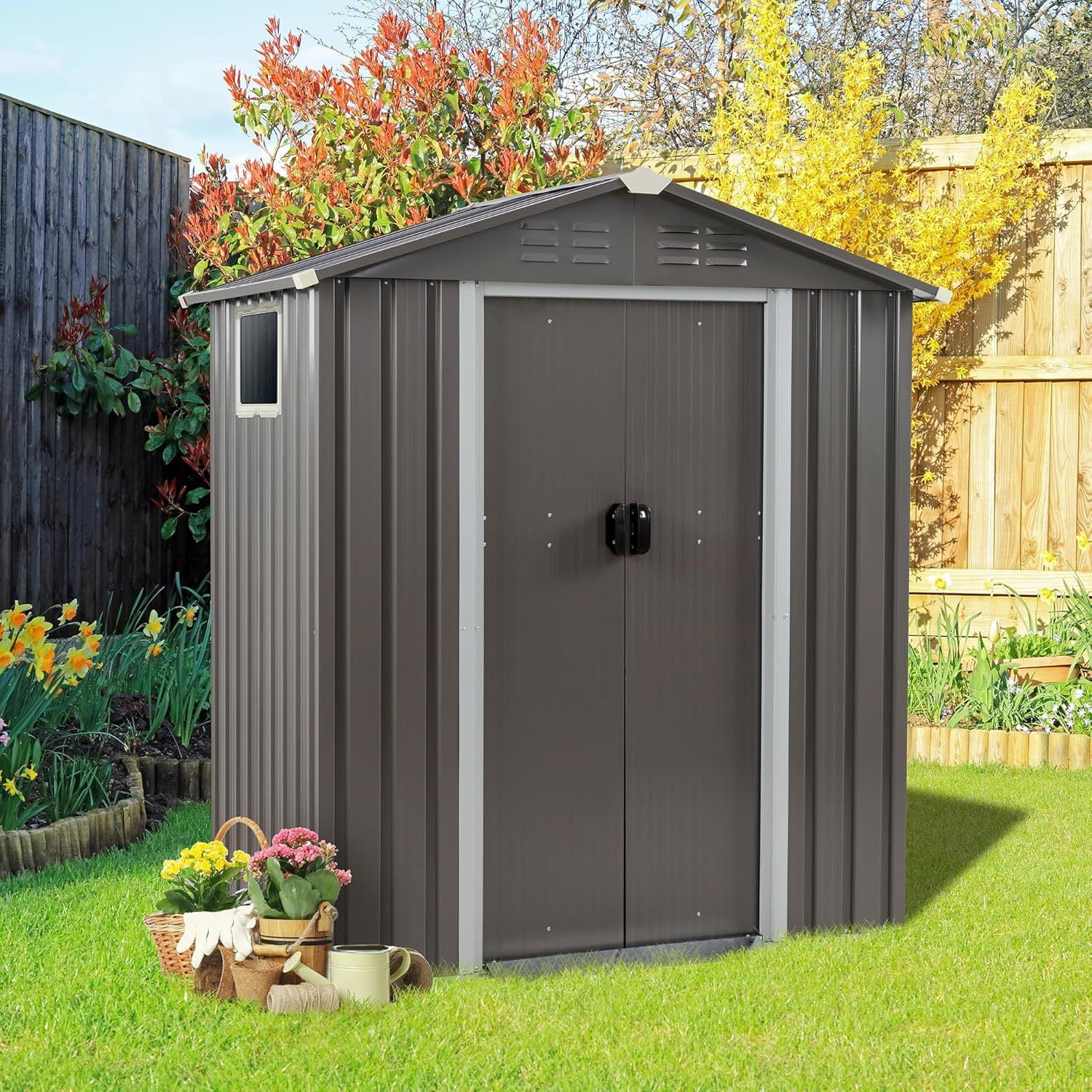 Sobaniilo 5x3x6FT Metal Garden Storage Shed, Lockable Door, Anti