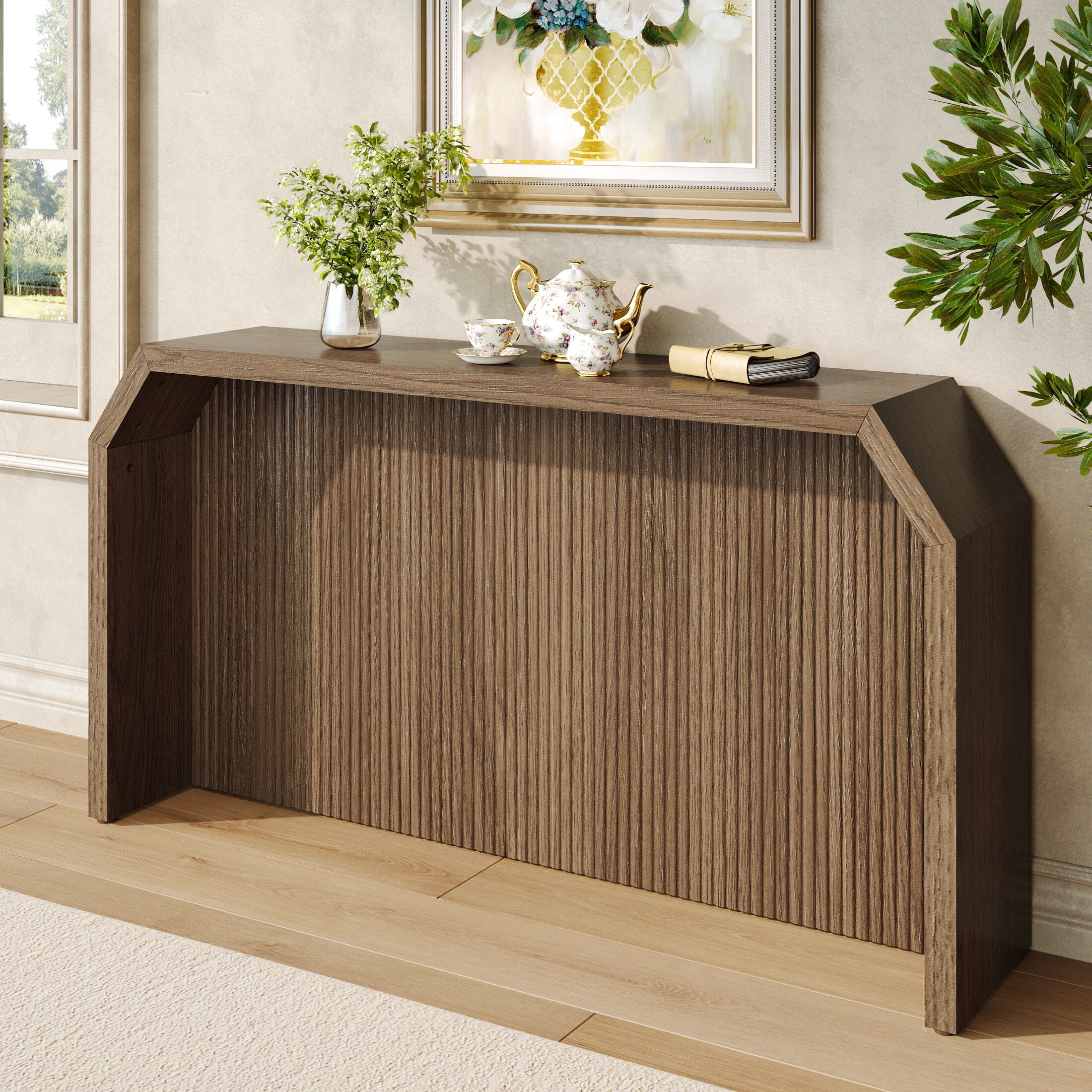 Techmilly 55.9" Fluted Sofa Console Table Behind Couch, Modern Vintage Fluted Entryway Table for Living Room, Hallway,Entry, Brown