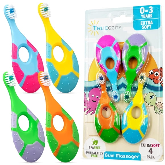 Cepillo de dientes para bebé Trueocity, cerdas suaves, paquete de 4, multicolor
