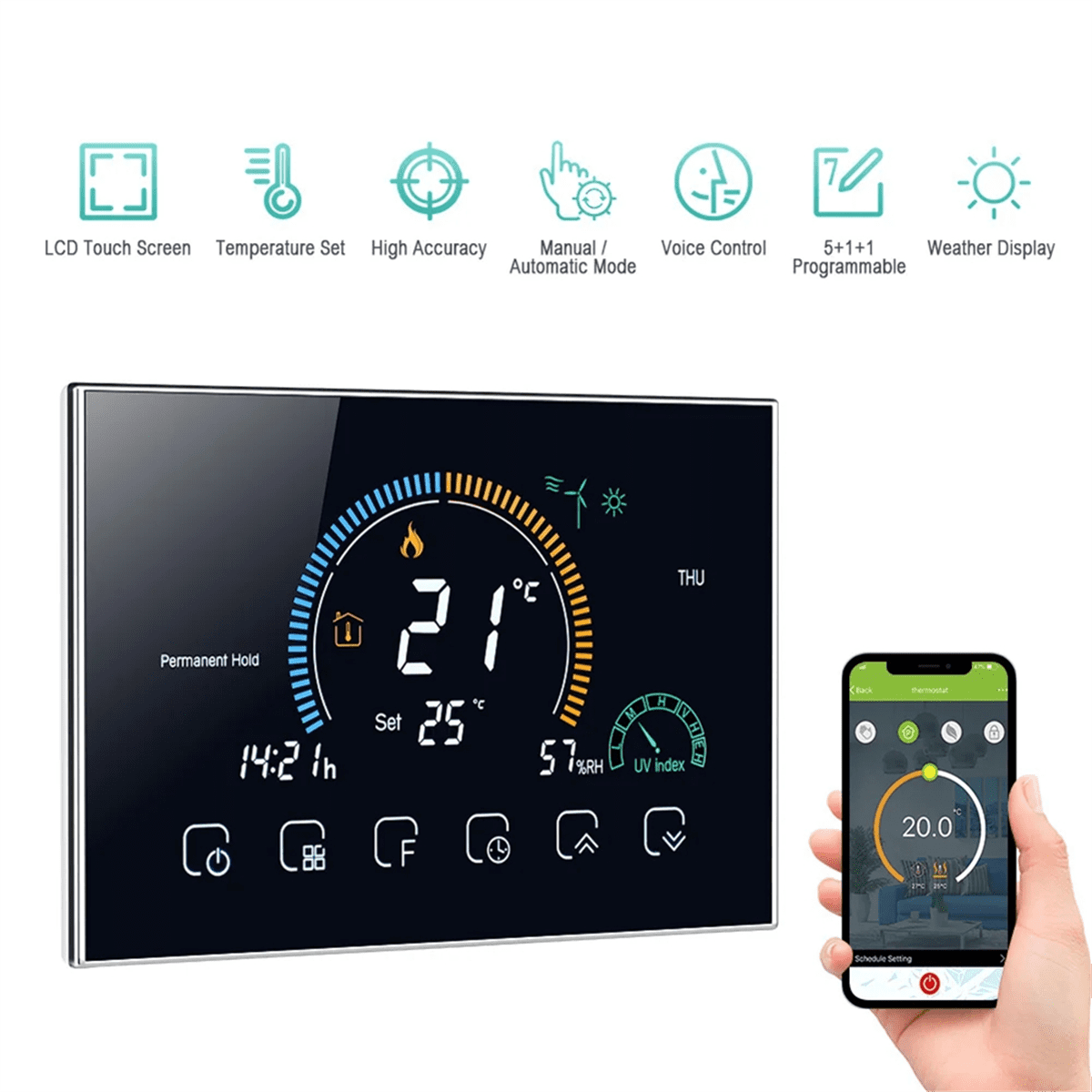 Smart Tuya Voice Control Smart Programmable Thermostat APP Control LCD Water/Gas Boiler Heating Black WiFi