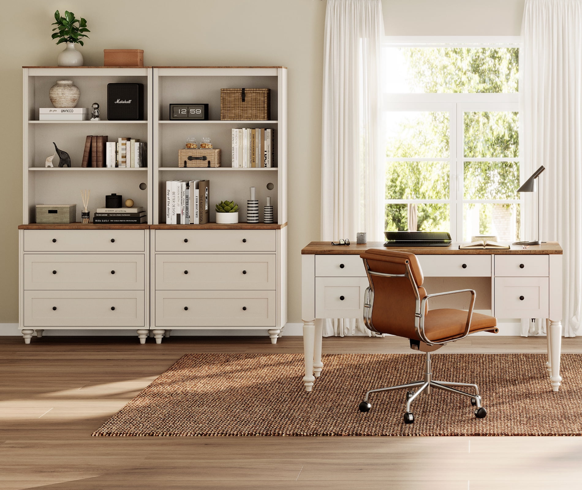 Home Office Furniture Set, 56" Executive Desk with Charging Station, 72" Tall Bookcase with 6 Drawers, Wood Computer Desk with File Cabinet Storage, Open Shelf, White