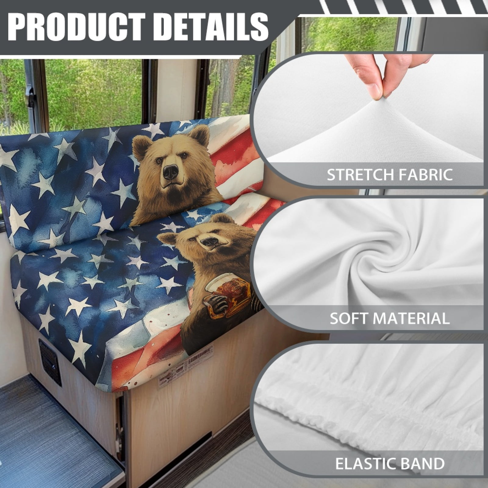 FOR U DESIGNS Bear Beer American Flag Pattern 2 Pcs RV Dinette Cushion Covers Anti-Slip Camper Cushion Slipcover Waterproof RV Couch Cover Sofa Slipover for Travel Trailer Couch