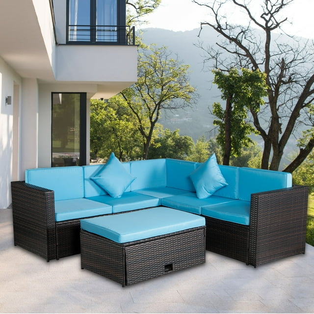Outdoor Furniture Sets Sofa Sets, 4 PCS Conversation Sets Sectional Furniture Set with 2 Loveseat, Corner Chair, and Wicker Table for Garden Poolside Deck, LJ3267