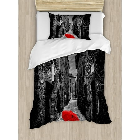 Black And White Duvet Set Black and White Duvet Cover Set, Red Umbrella on a Dark Narrow Street in Tuscany Italy Rainy Winter, Decorative Bedding Set with Pillow Shams, Grey Vermilion, by Ambesonne ()