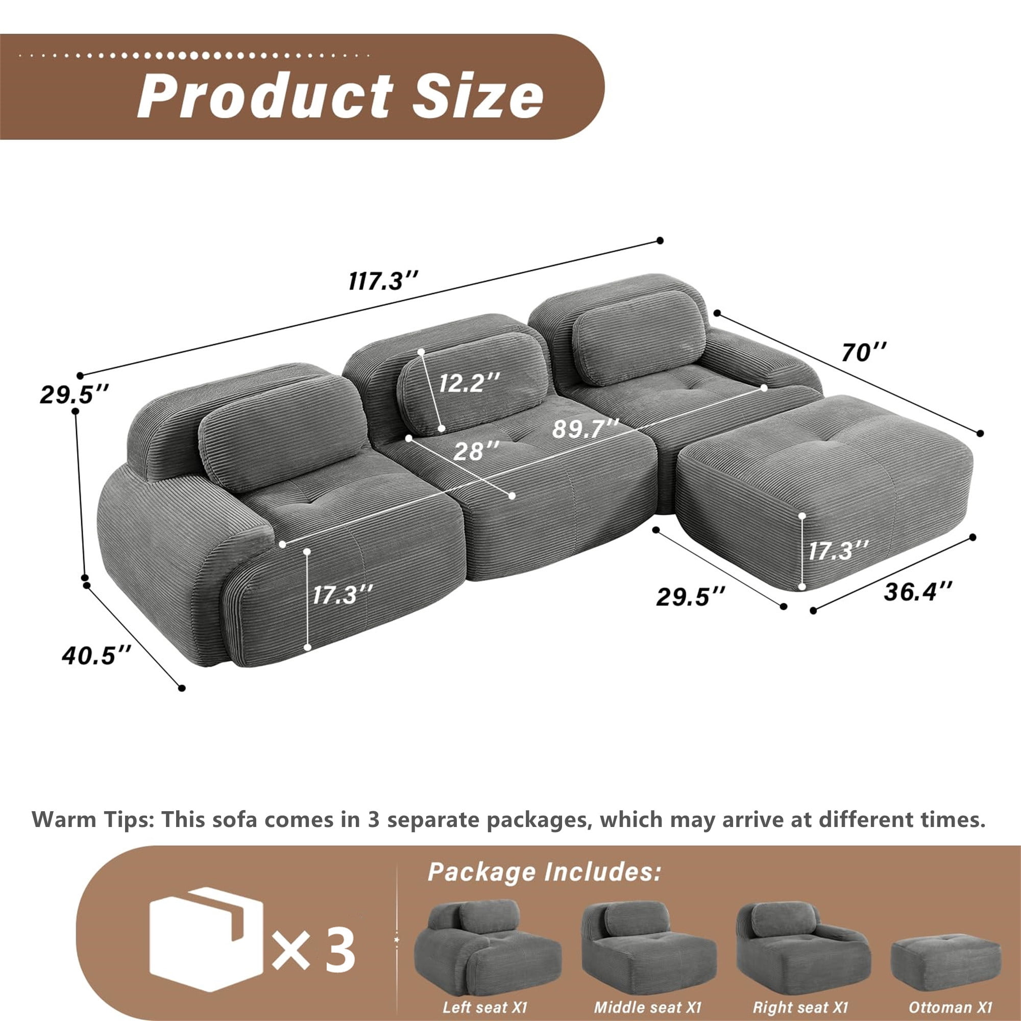 Aukfa 117" Modular Sectional Sofa Overstuffed Boneless Couch, 3Pillows, No Assembly, Corduroy, Cray