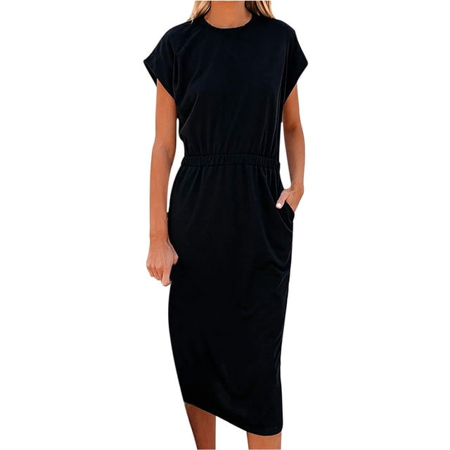 Pompotops Femme Col Rond à Manches Courtes Slim-Fit Fendue Robe de Bas de Poche