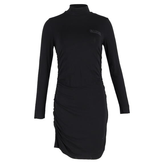 Pre-Owned Ganni Turtleneck Ruched Mini Dress in Black Lyocell
