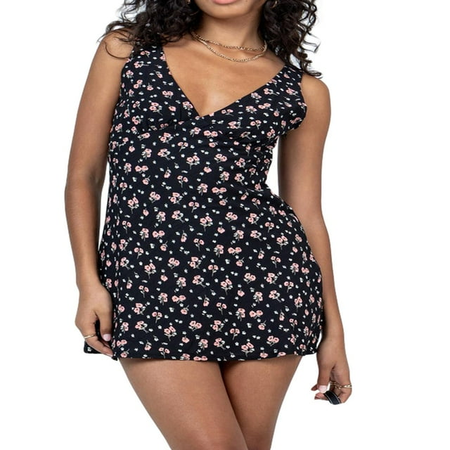 Women Floral Mini Dress Spaghetti Strap Sleeveless Bodycon A-Line Short Dress