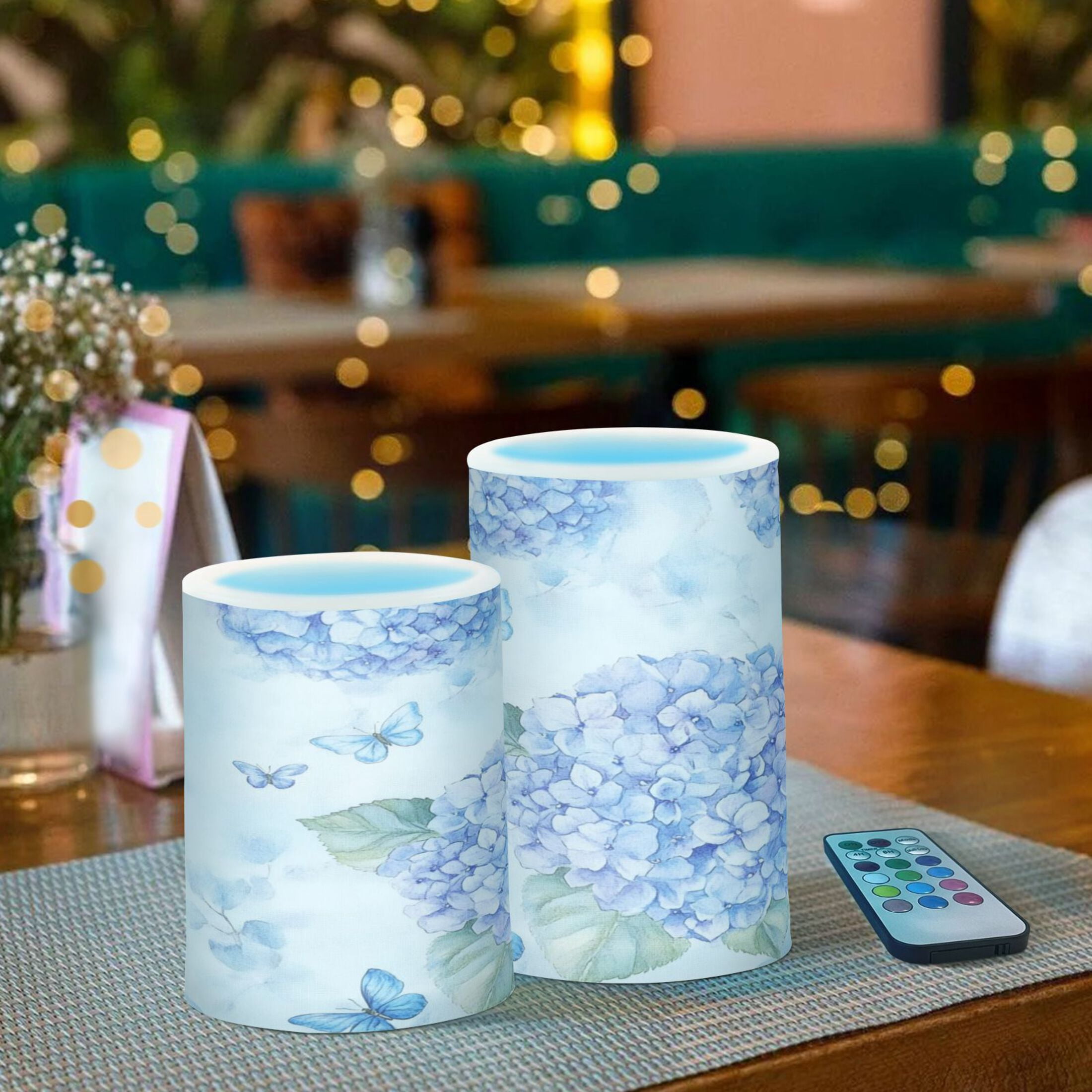 2 PCS Flameless Candles with Remote Timer LED Battery Operated Flickering Candle Light for Wedding Table Home Decoration Gifts Blue Hydrangea Pattern