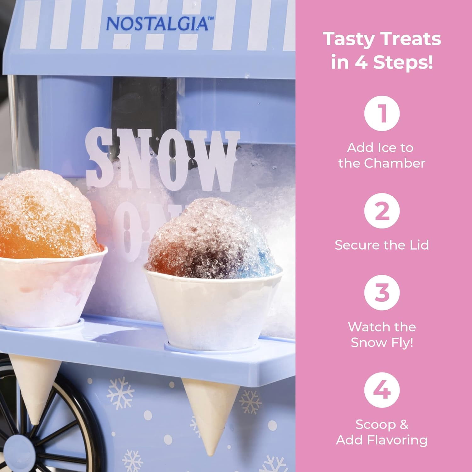 Nostalgia Snow Cone Maker Tabletop Shaved Ice Machine with 2 Reusable Cones & Ice Scoop, Blue