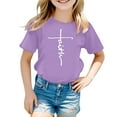 thumbnail image 4 of Curuila Kids Girls Tops Short Sleeve Crew Neck Tee With Letter Print For Outdoor Activities Comfortable Casual Summer Shirts Purple Size 8-9 Years, 4 of 4