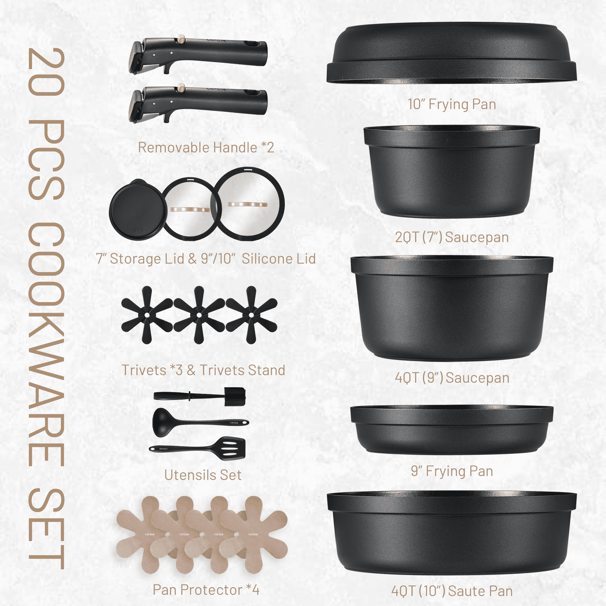 Carote 20 Pcs Nonstick Cookware Sets, Pots and Pans with Removable Handles, Oven Safe, Induction Ready, Classic Black