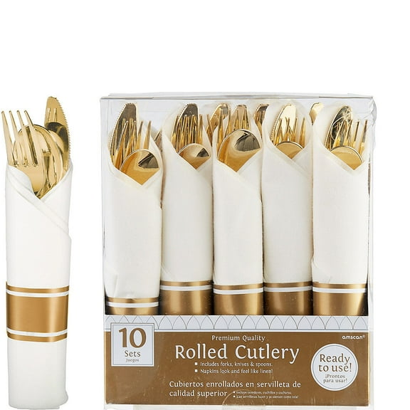 HollyDel Holidays, Themes, Occasions Holiday Parties Easter Tableware; Rolled Metallic Gold Premium Plastic Cutlery Sets 10ct