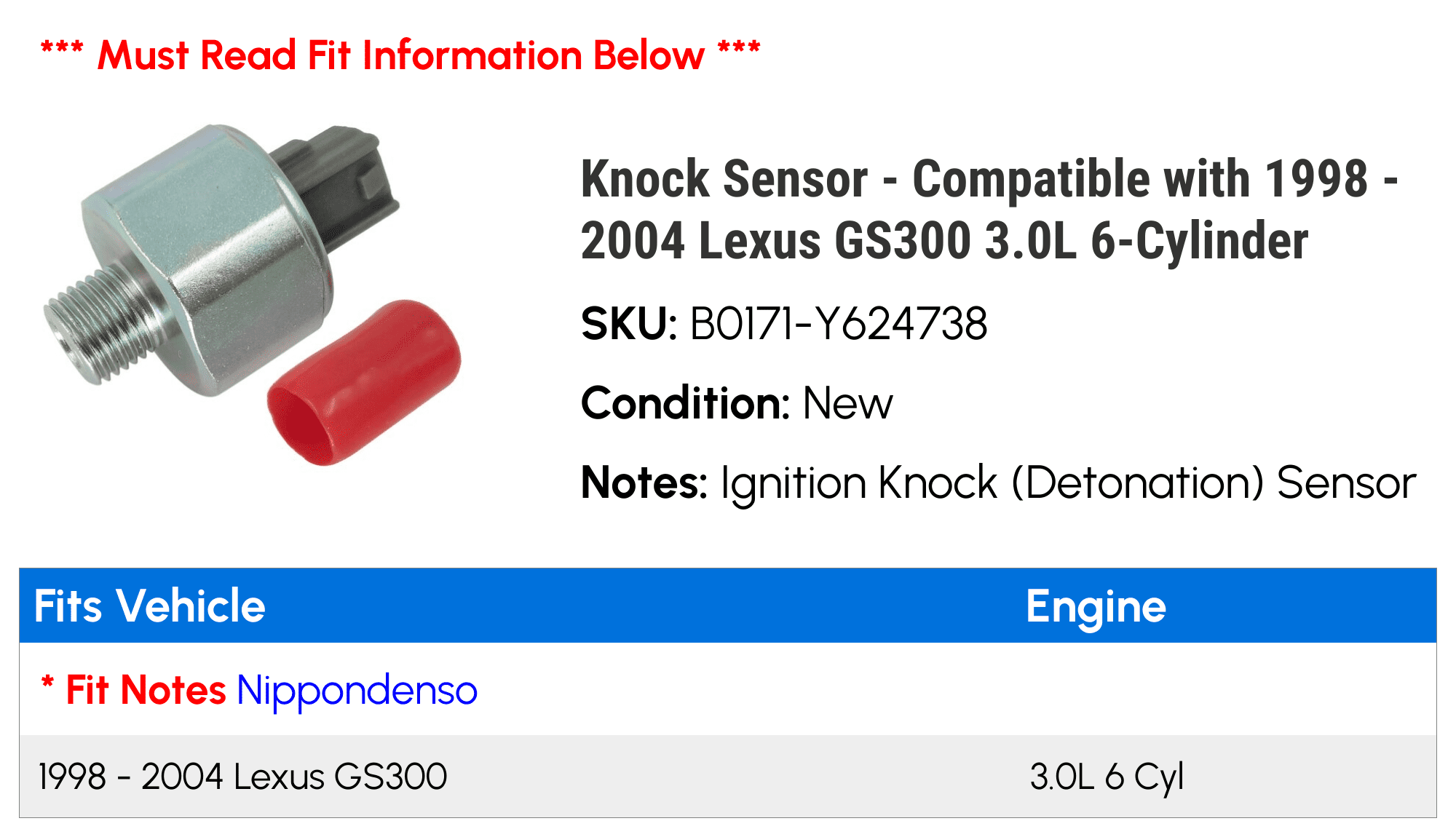 Knock Sensor - Compatible with 1998 - 2004 GS300 3.0L 6-Cylinder 1999 2000 2001 2002 2003