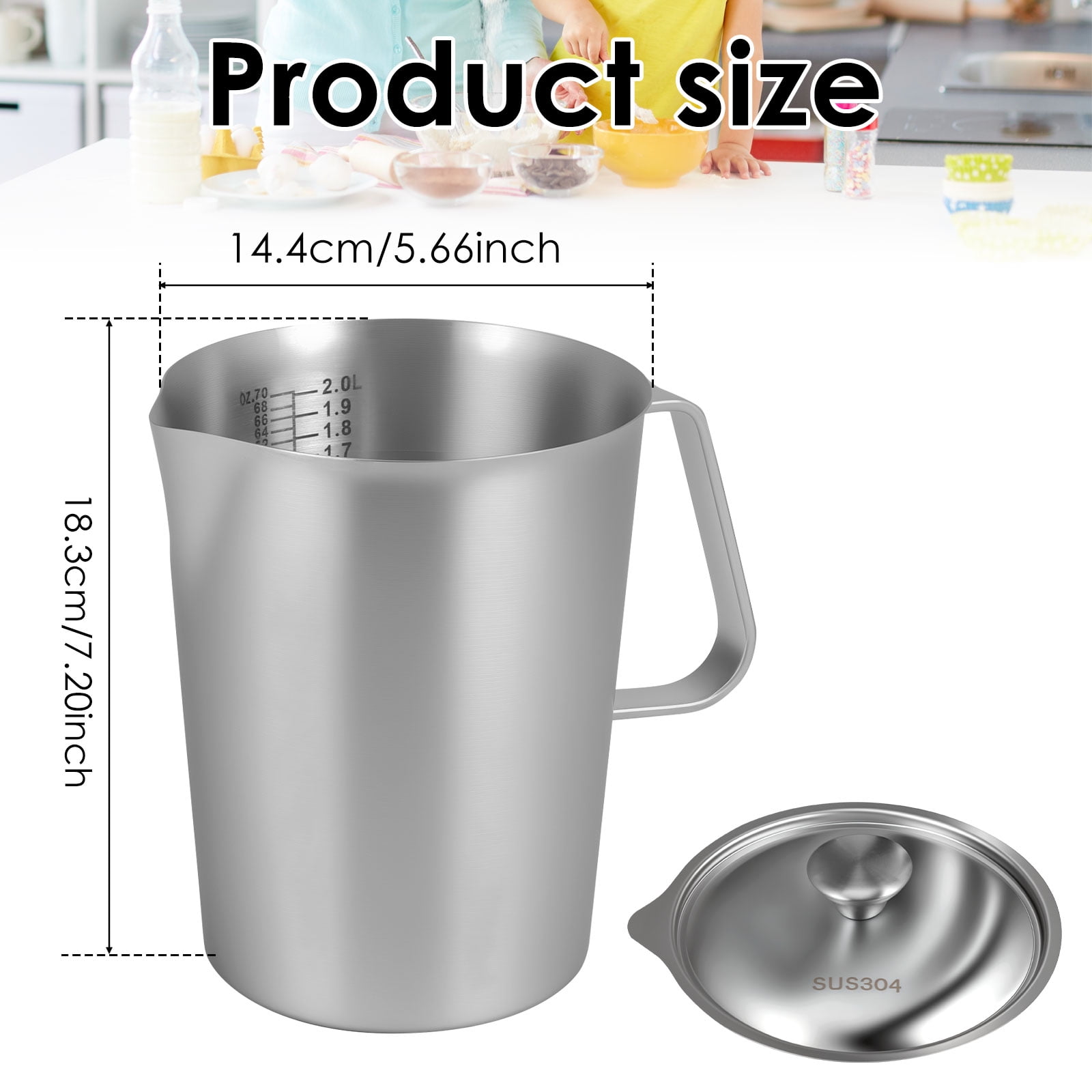 Stainless Steel Measuring Cup 70 oz Milk Frothing Pitcher with Lid, 2L Metal Water Jug Carafe with Engraved Markings for Coffee Espresso Machine