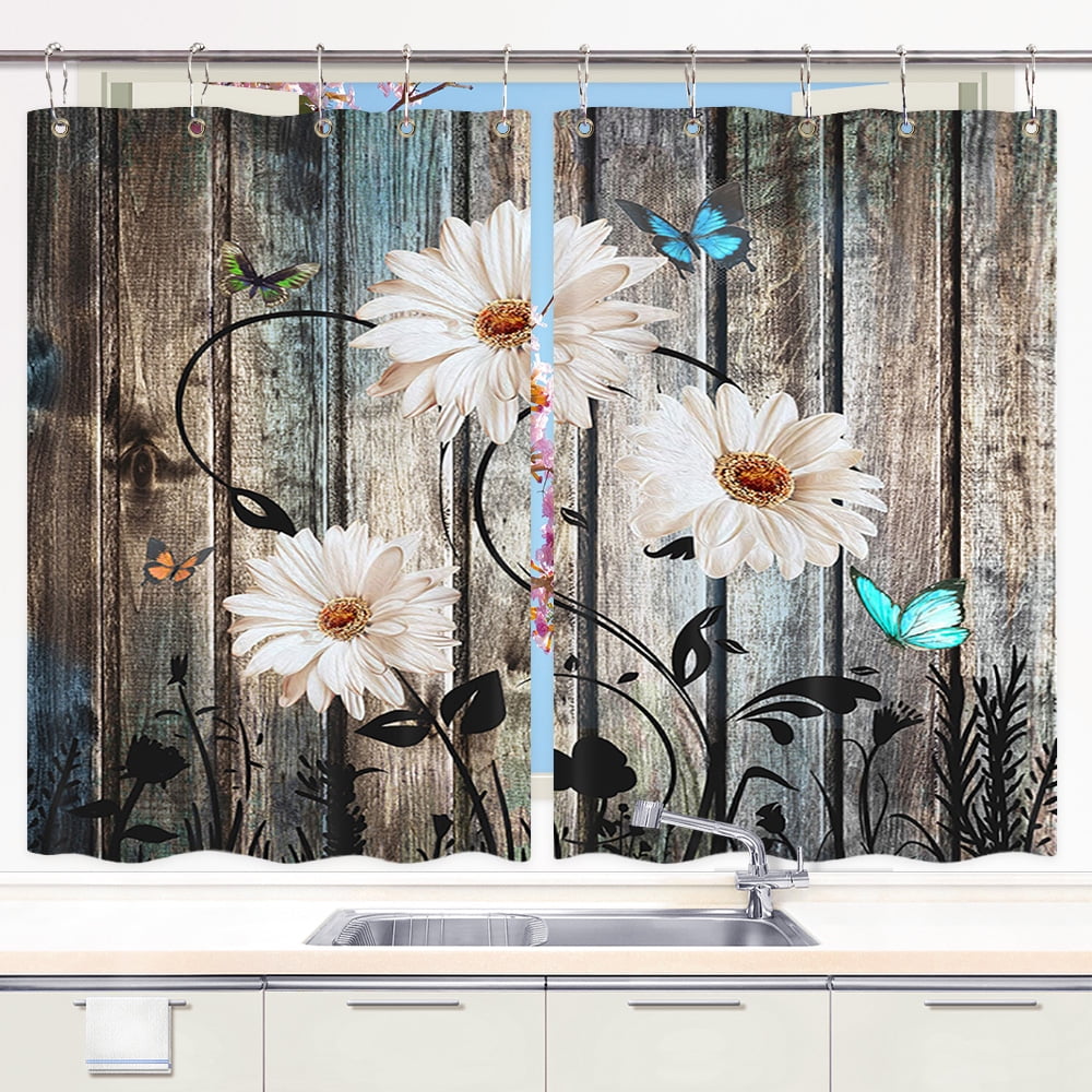 Rustic Teal Daisy Kitchen Curtains, Rural Nature Scenery Window