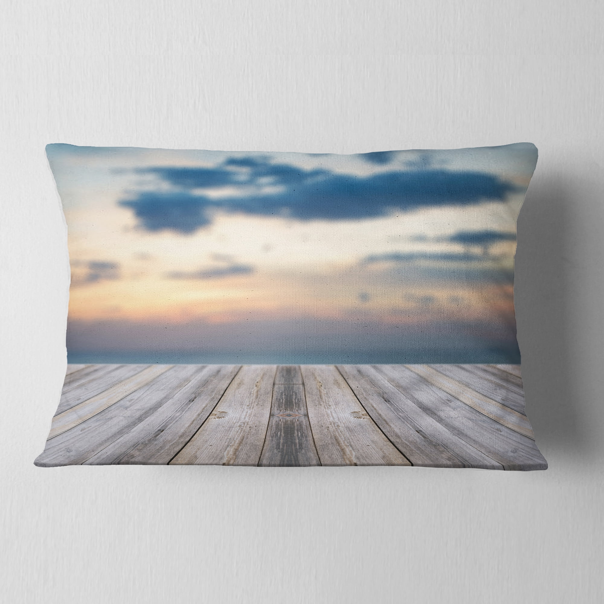 Designart Wooden Board at Sunset Seashore - Modern Throw Pillow - 12x20