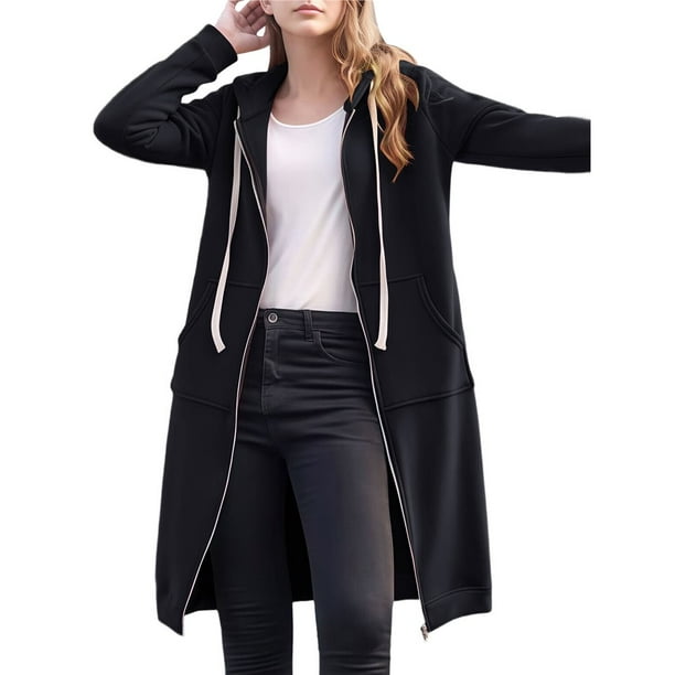 Sudaderas con Capucha para Mujer, Estilo Oversize, con Cremallera, Ideales para Otoño e Invierno. Chaquetas Largas con Capucha y Bolsillos. Negro L