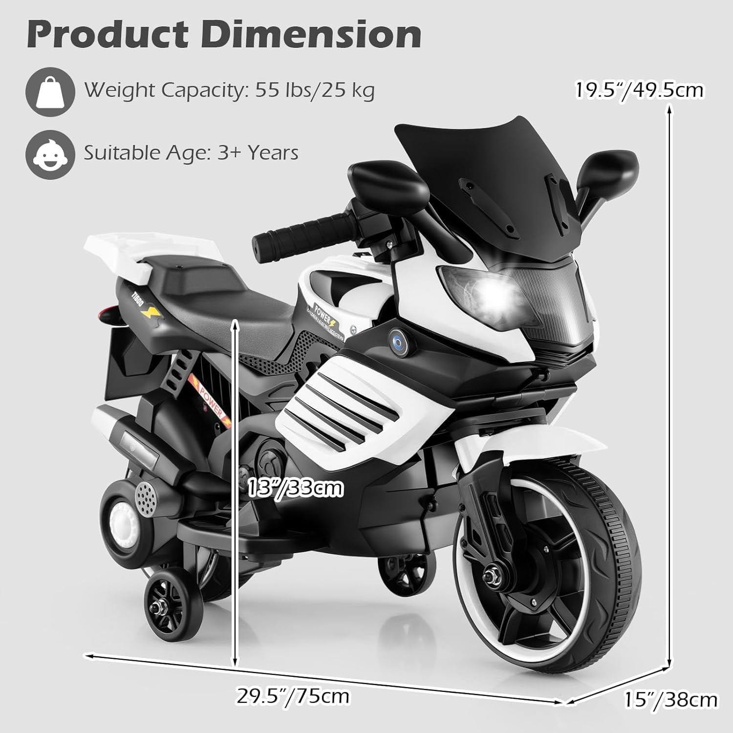 OLAKIDS 6V Kids Motorcycle with Training Wheels, Horn, Music, Headlight for Boys Girls Aged 3+ Years