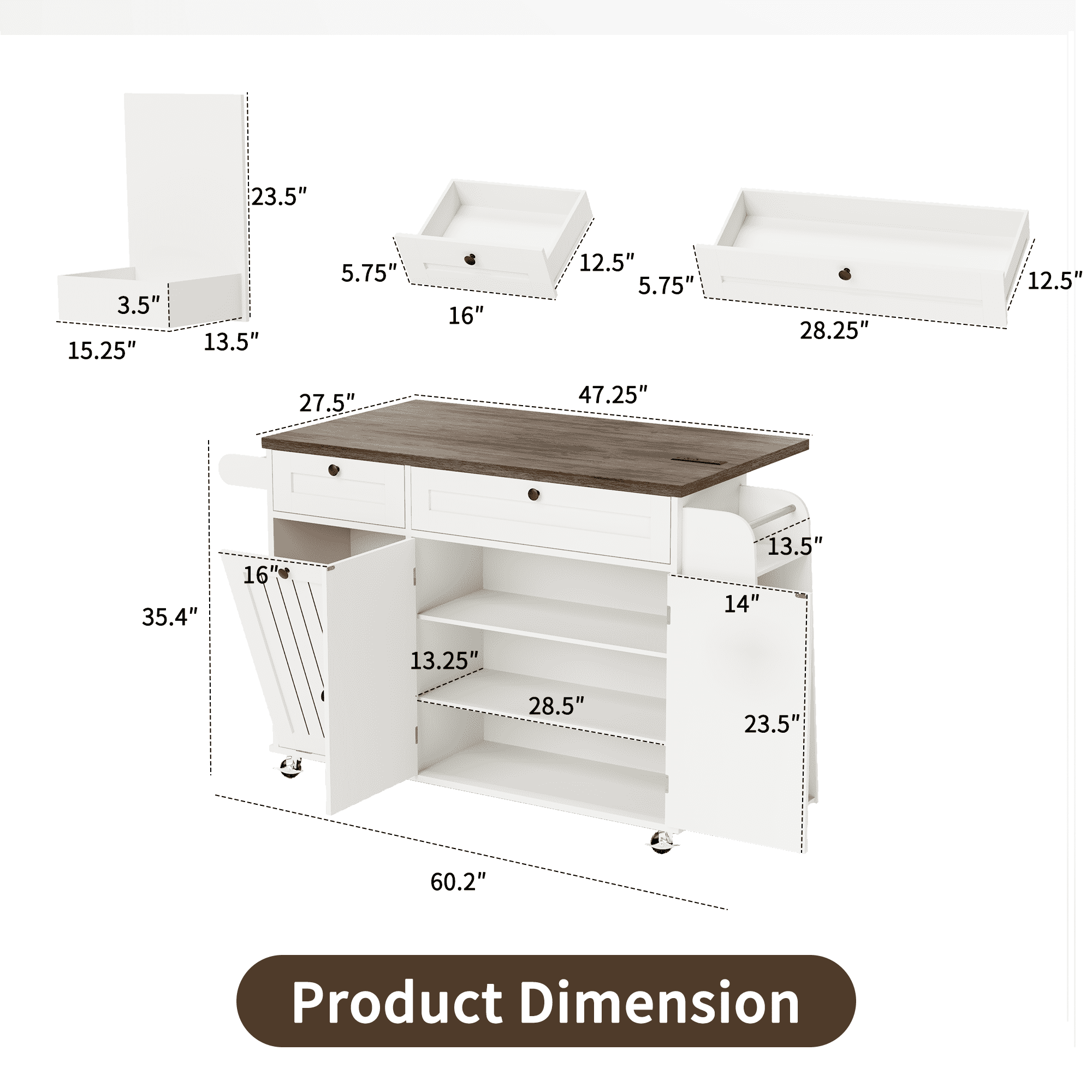 Mobile Folding Kitchen Island, Equipped with a power socket, USB interface, large capacity storage cabinet, drawers, 60 inch scroll wheel, kitchen island cart with hidden trash bin slot