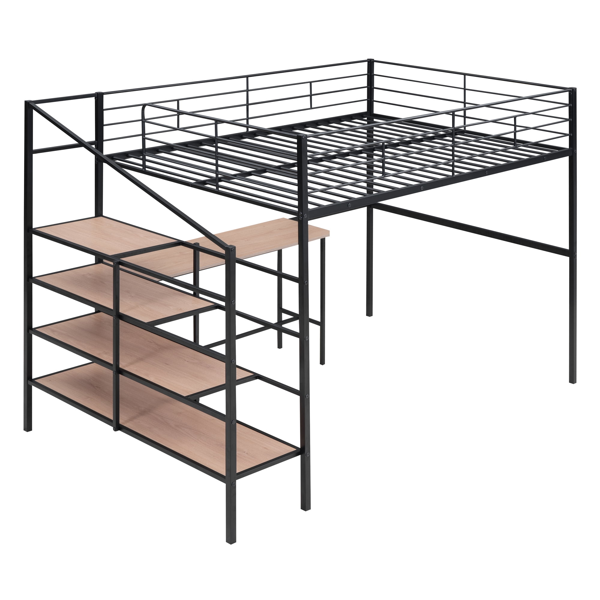 Full Size Loft Bed with Desk and Lateral Storage Ladder,Metal Loft Bed for Kids,Black